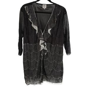 Vtg Y2K Goth Black Lace Ruffle Full Zip Longline Top Pirate Frilly Feminine
